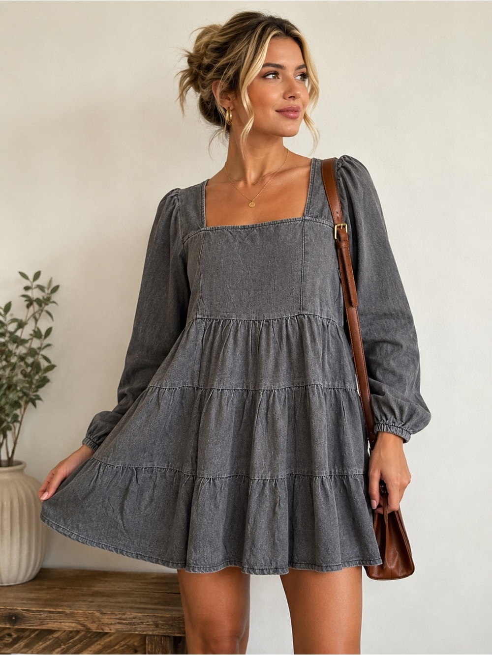Women’s Square Neck Tiered Mini Dress - 612